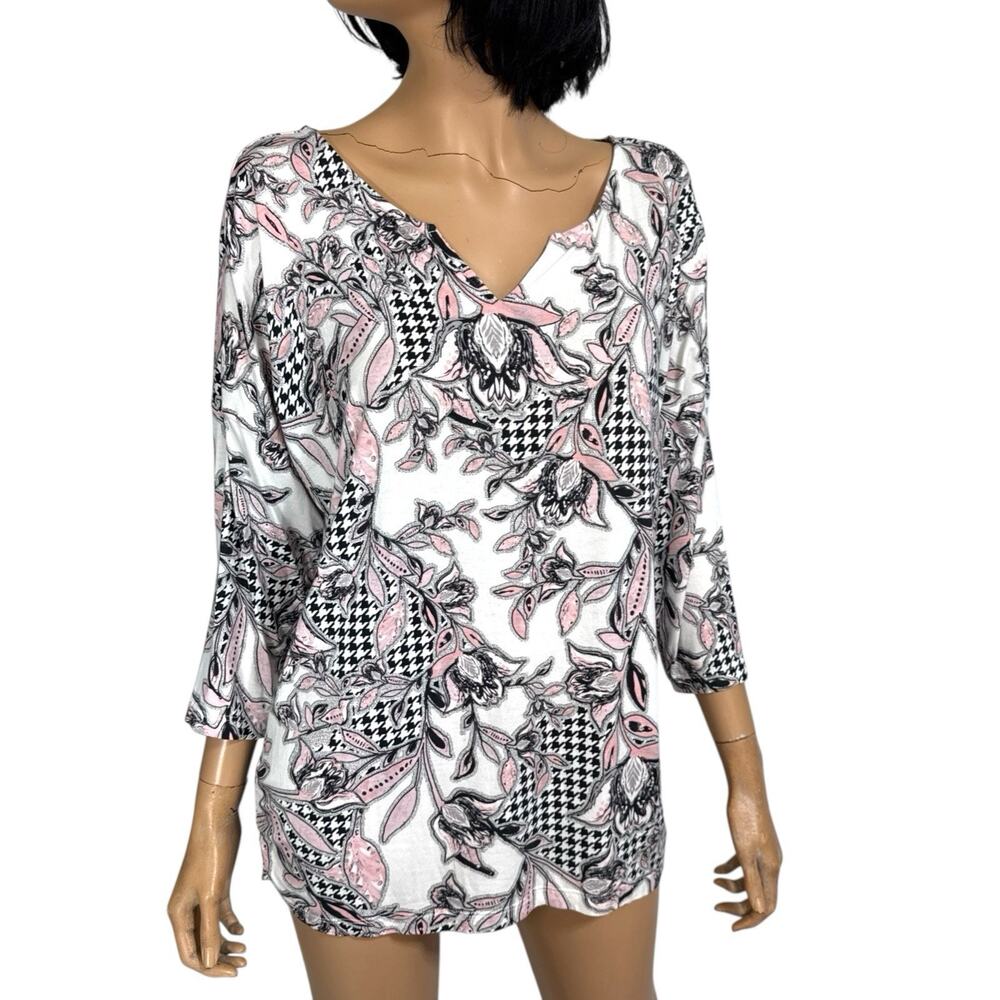 Chicos Houndstooth Floral Split Neck Ruched Knit Top 2 L Casual Office Boho